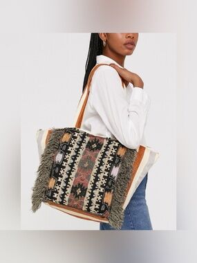 Raga Bonita Boho Statement Tote Bag Fringe Tribal Print Oversized Shoulder Purse